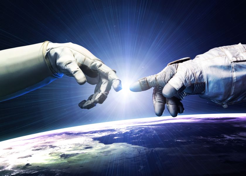 46700340 - michelangelo god's touch. close up of human hands touching with fingers in space.